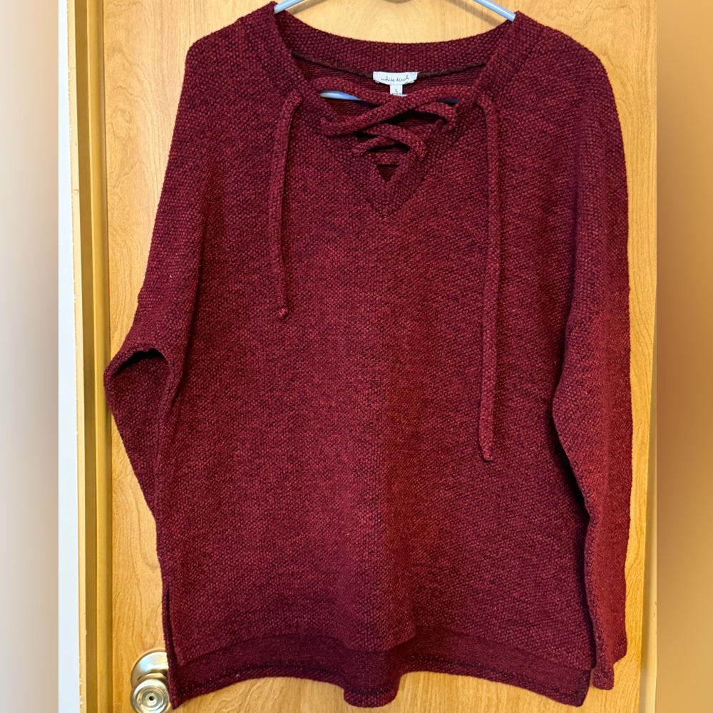 White Birch Maroon V-Neck Sweater with Lace-Up